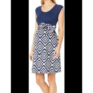 Maternal America Women's XS Maternity Scoop Neck Front Tie Dress Geometric Blue